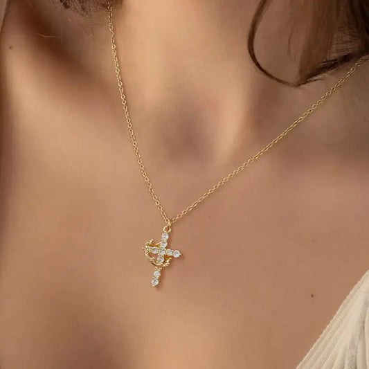 Simple Crown & Cross Pendant Choker Necklace